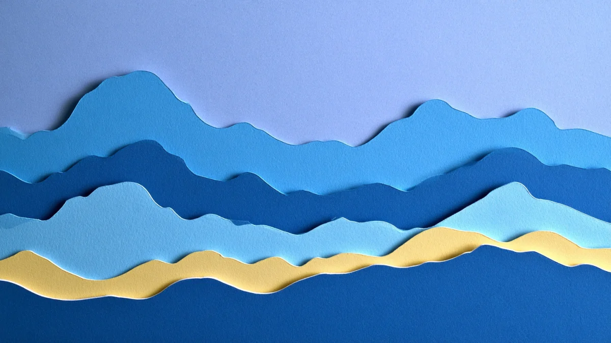 Layered cut-paper landscape in the Dug & Tech blues and yellow